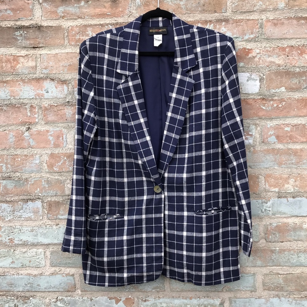 Vintage Boyfriend Blazer 90s Navy Plaid Linen